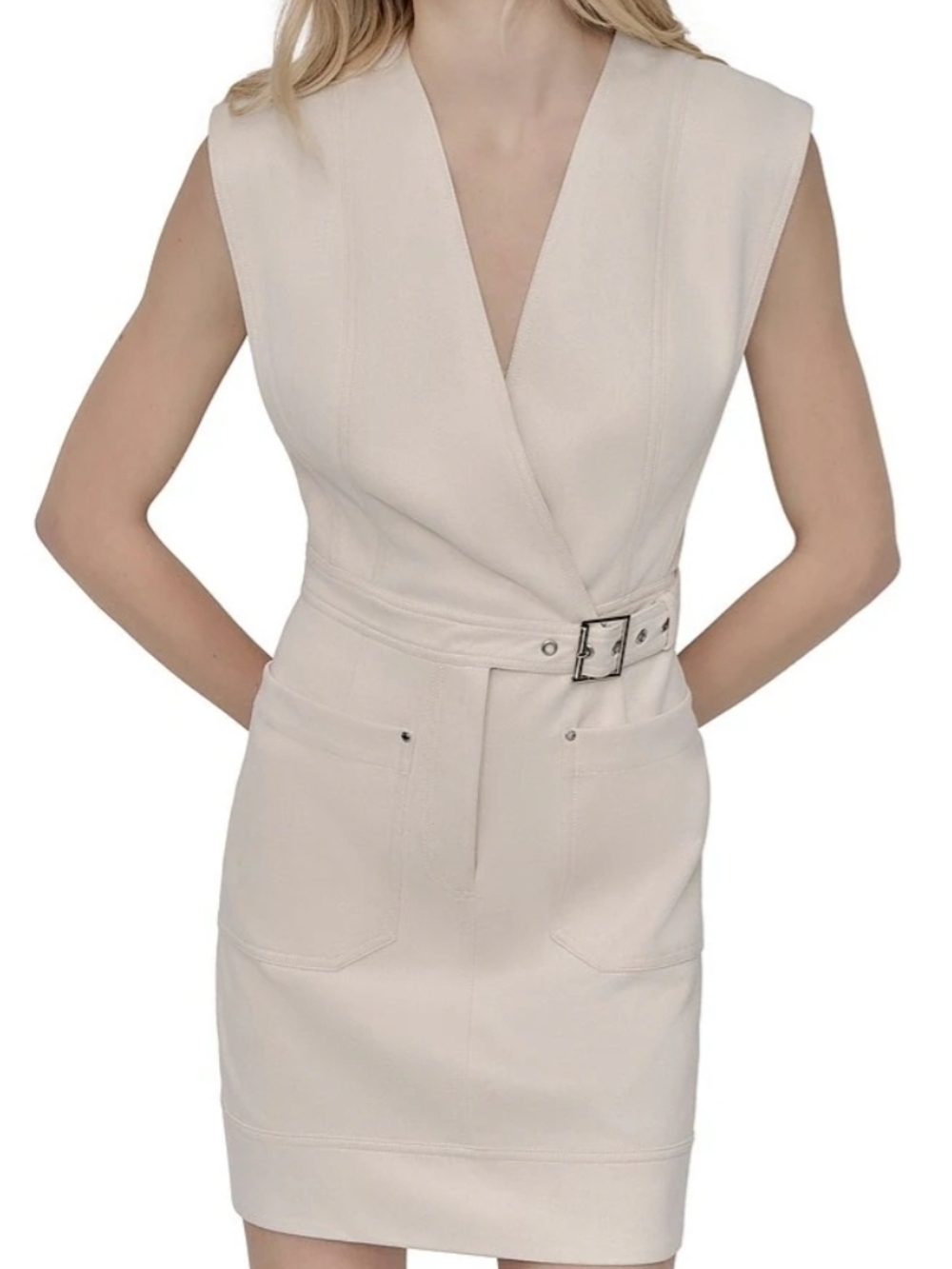DKNY Chic Sleeveless V-Neck Mini Dress with Buckle Belt